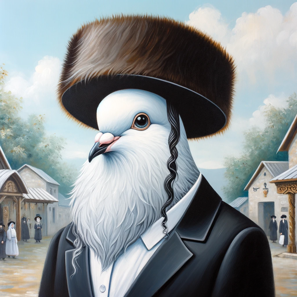 DALL·E-2023-12-26-18.58.33—A-whimsical-painting-of-a-dove-portrayed-as-a-Hasidic-Rebbe.-The-dove-is-anthropomorphized,-exuding-peace-and-gentleness,-and-dressed-in-traditional-H.png