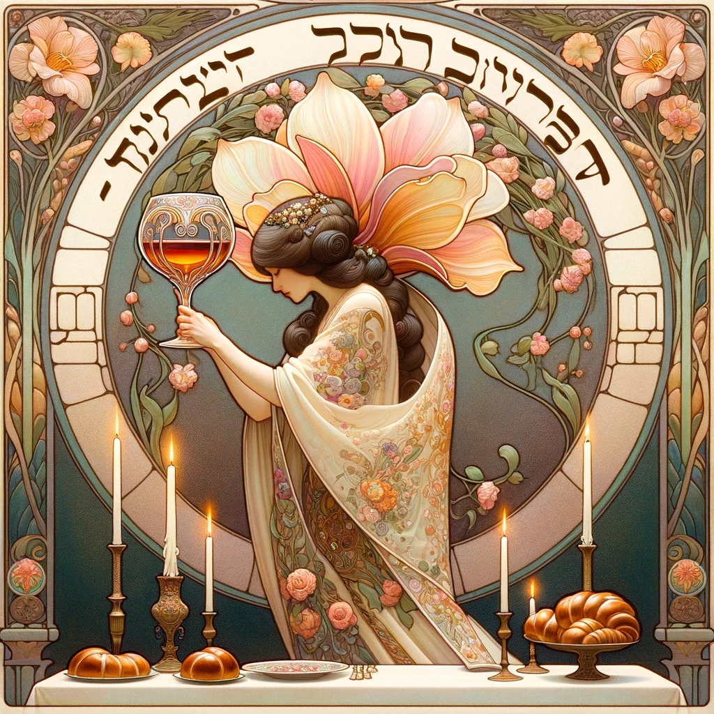 DALL·E-2023-12-29-15.00.07—An-Art-Nouveau-style-painting-depicting-a-woman-performing-the-Kiddush-ceremony.-The-central-focus-is-a-uniquely-designed-wine-glass,-artistically-dep.png