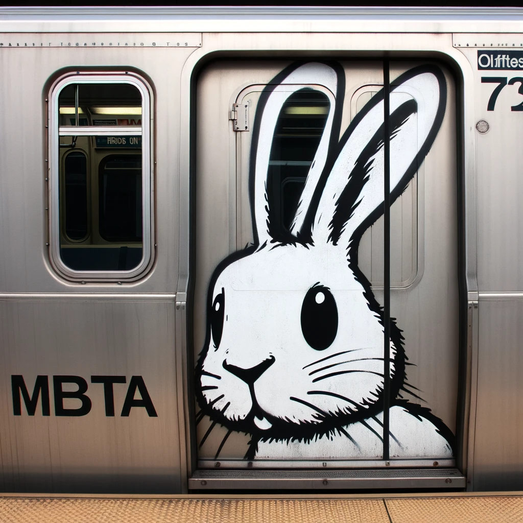 DALL·E-2024-01-02-14.48.09—A-one-color-graffiti-drawing-of-a-bunny,-done-in-a-quick-street-style-on-the-side-of-an-MBTA-(Massachusetts-Bay-Transportation-Authority)-train.-The-a.png