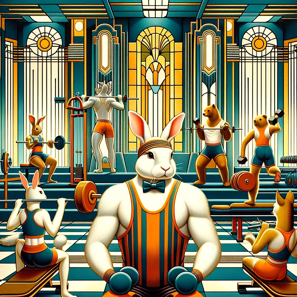 DALL·E-2024-01-02-16.29.00—Redo-the-Art-Deco-style-painting-of-a-Fitness-Guru-Bunny-in-a-gym,-ensuring-all-the-gym-goers-in-the-background-are-different-animals-and-that-there-a.png