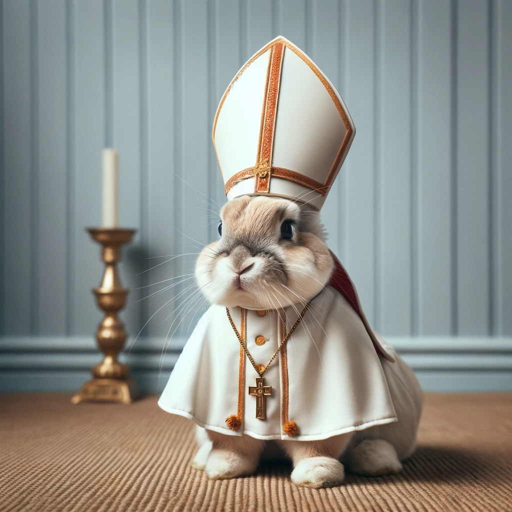 DALL·E-2024-01-03-16.40.35—A-photograph-of-a-bunny-dressed-as-the-Pope.-The-image-should-depict-a-bunny-in-traditional-papal-attire,-including-a-white-cassock,-papal-tiara-or-mi.png