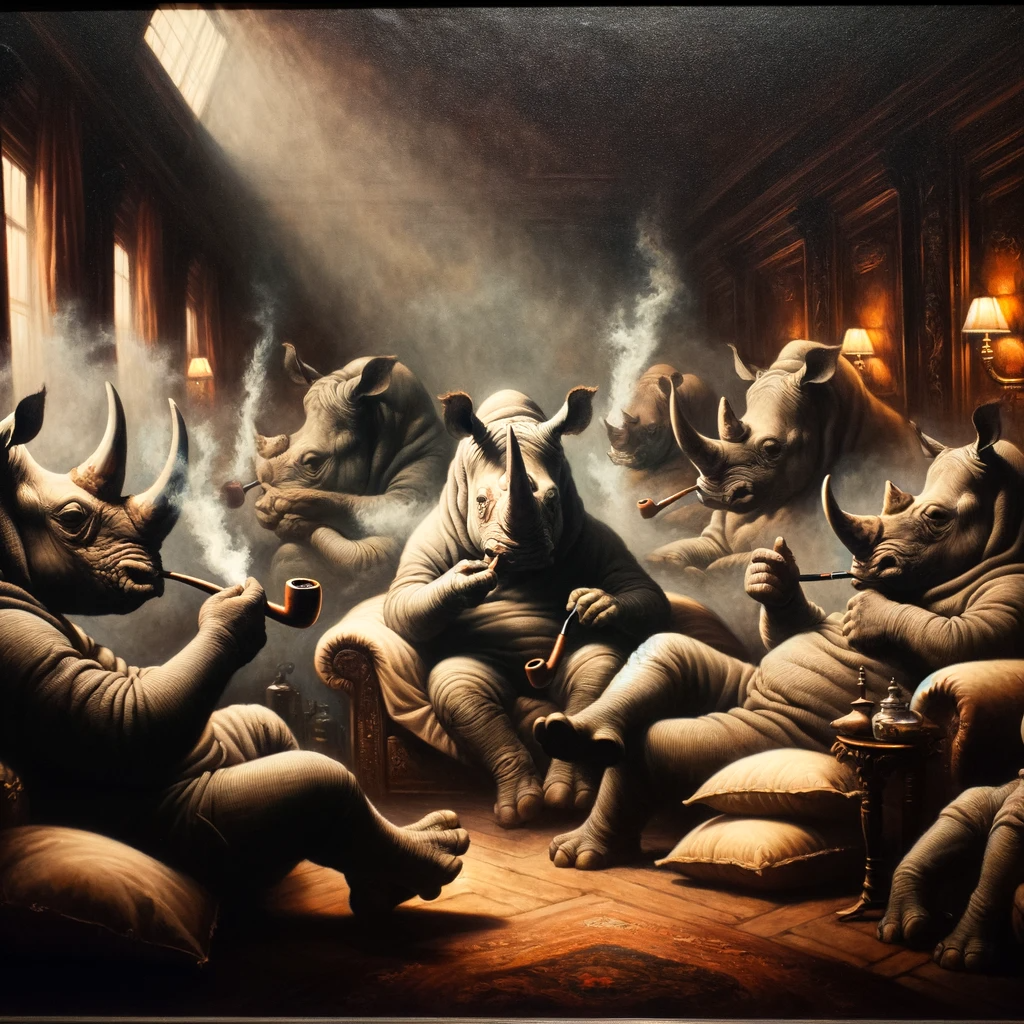 DALL·E-2024-01-09-14.33.18—A-painting-depicting-a-den-from-the-19th-century-filled-with-rhinoceroses-lounging-on-pillows-and-smoking-long-pipes.-The-scene-portrays-the-rhinocero.png