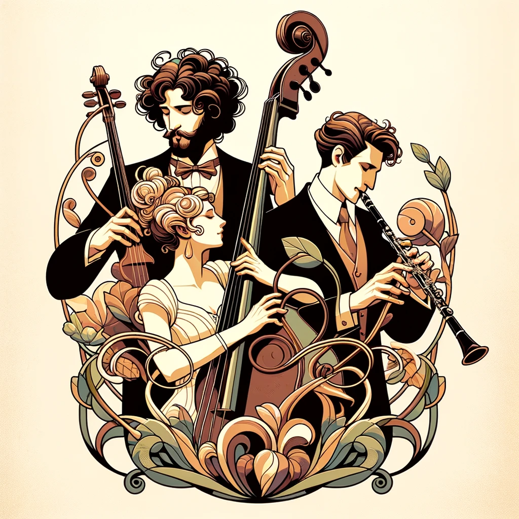 DALL·E-2024-01-09-16.01.43—An-Art-Nouveau-inspired-poster-featuring-a-klezmer-trio.-The-trio-includes-a-man-with-big-tight-curly-brown-hair-playing-an-upright-bass,-a-woman-with.png