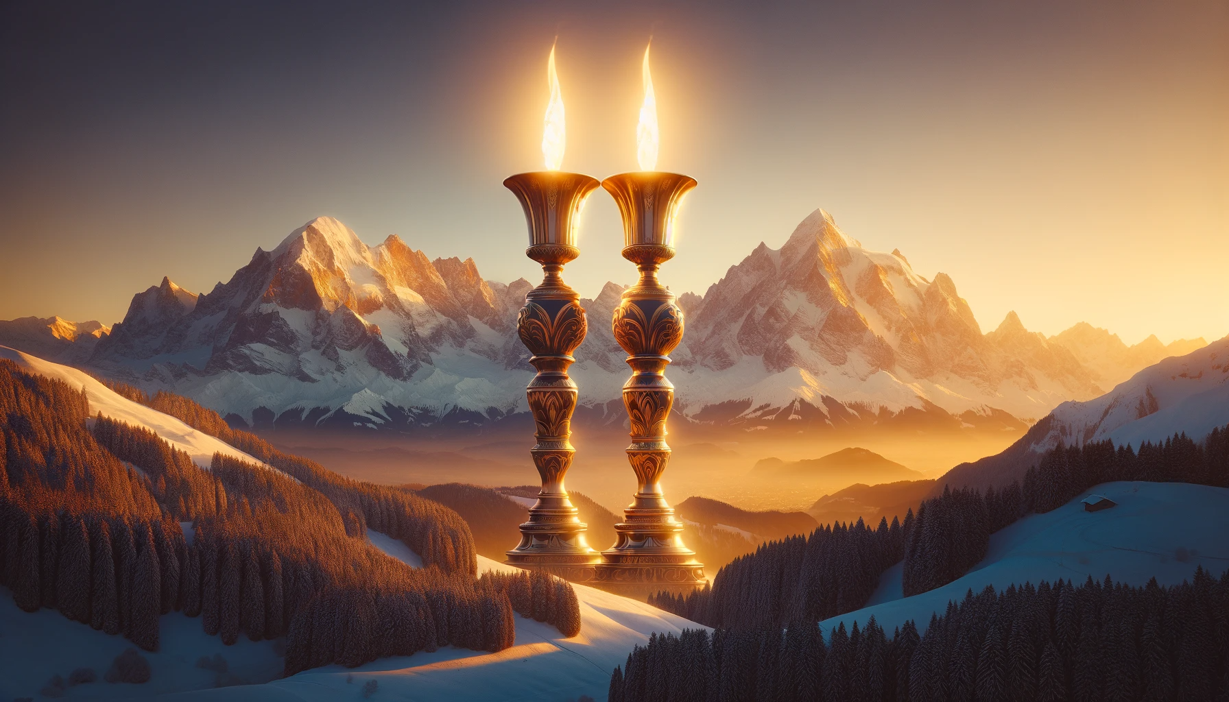 DALL·E-2024-01-11-16.45.05—Two-enormous-Shabbat-candles,-towering-and-majestic,-emerging-from-behind-the-snow-capped-peaks-of-the-Alps.-The-scene-is-set-during-twilight,-casting.png