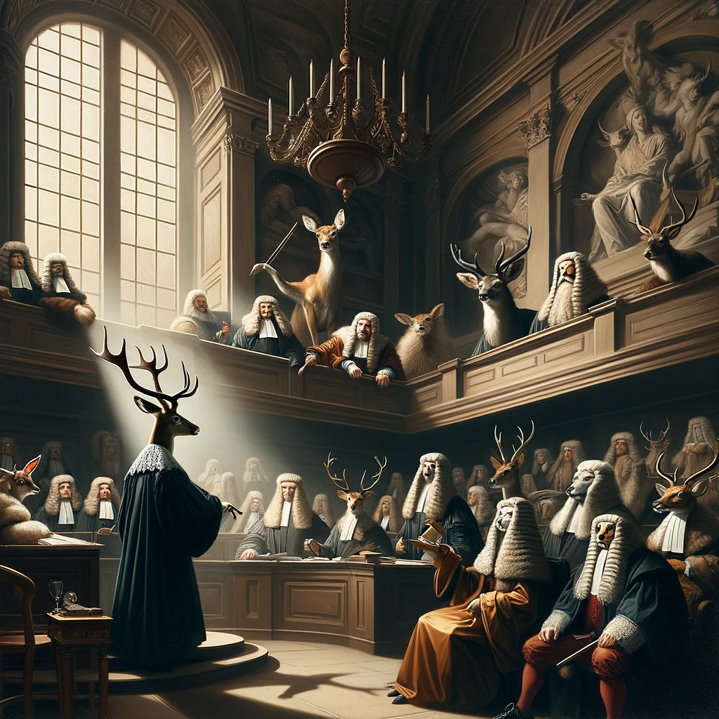 DALL·E-2024-01-11-18.32.12—A-dynamic-courtroom-scene-in-the-style-of-Rubens.-The-deer-lawyer-is-at-the-center,-addressing-a-jury-of-various-animals,-dressed-in-elaborate-17th-ce.png