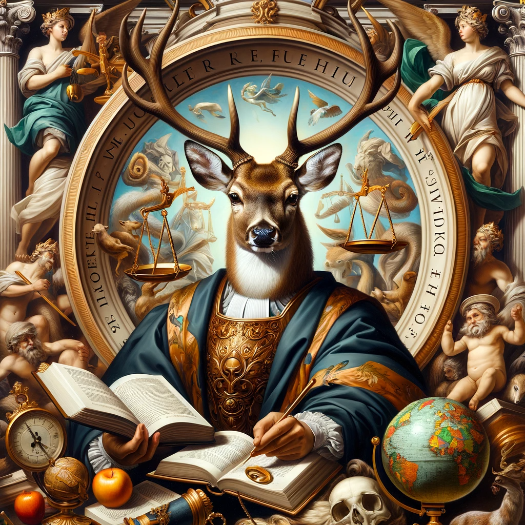 DALL·E-2024-01-11-18.32.36—An-allegorical-painting-in-Rubens’-style,-with-the-deer-lawyer-representing-justice-or-wisdom.-It’s-surrounded-by-symbolic-elements-like-scales,-books.png