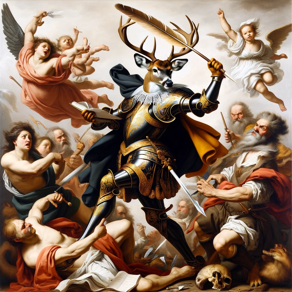 DALL·E-2024-01-11-18.32.49—A-Rubens-esque-battle-scene,-showing-the-deer-lawyer-in-a-metaphorical-battle-of-wits.-Clad-in-ornate-armor,-wielding-a-quill-like-a-sword,-surrounded.png