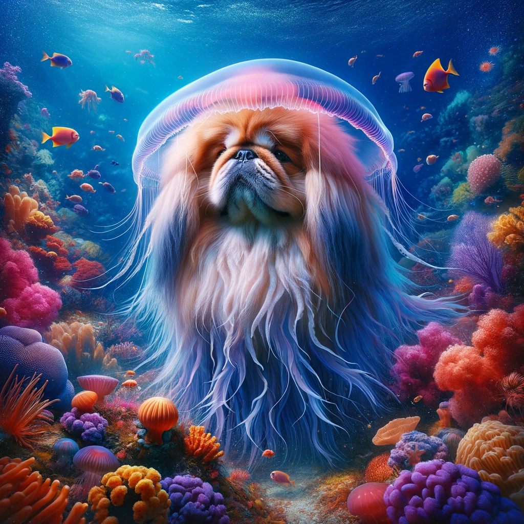 DALL·E-2024-01-15-15.37.19—An-underwater-scene-with-the-Pekingese-Man-o’-War-Jellyfish-as-the-central-figure.-Its-tentacles-resemble-the-flowing-fur-of-a-Pekingese,-and-its-bell.png